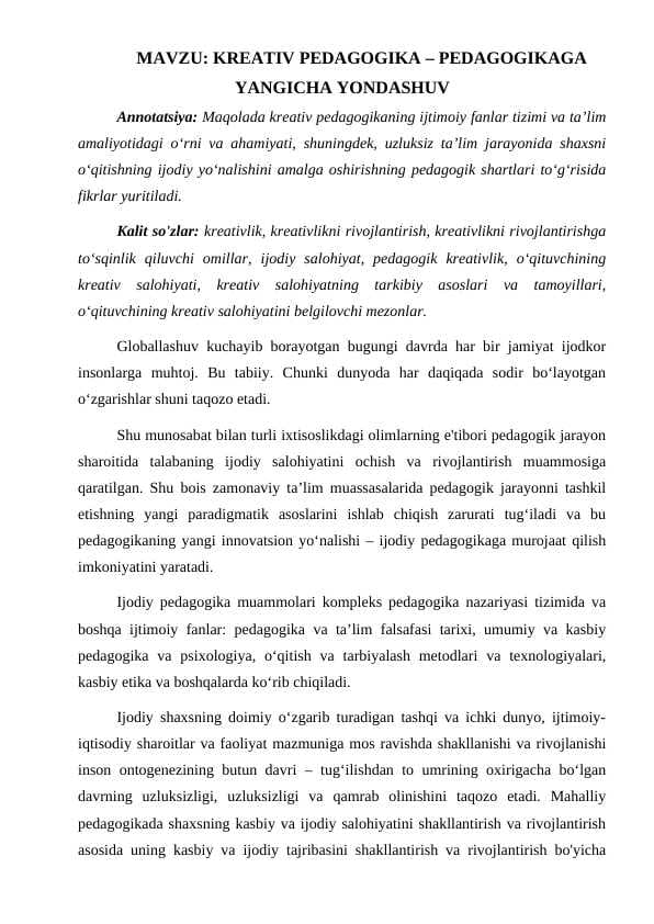 KREATIV PEDAGOGIKA – PEDAGOGIKAGA YANGICHA YONDASHUV