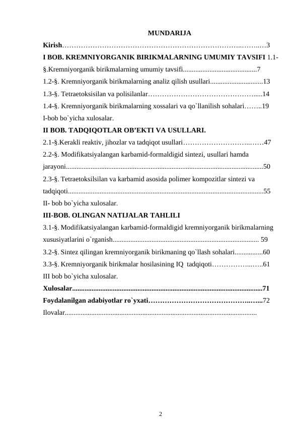 KREMNIYORGANIK BIRIKMALARNING UMUMIY TAVSIFI