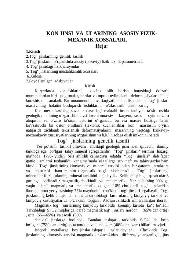 KON JINSI  VA  ULARINING  ASOSIY FIZIK-MEXANIK XOSSALARI.