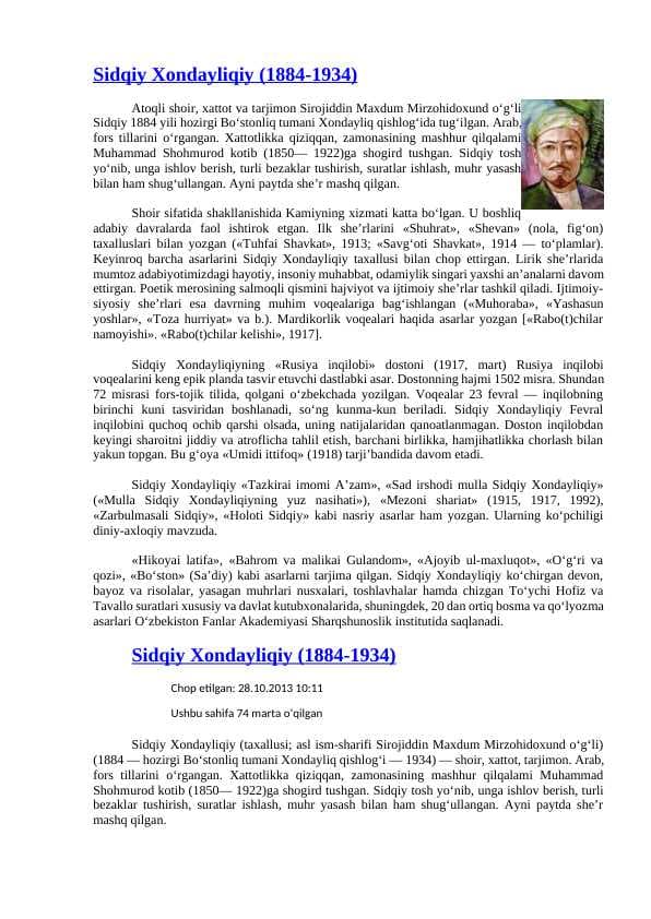 Sidqiy Xondayliqiy hayoti va ijodi
