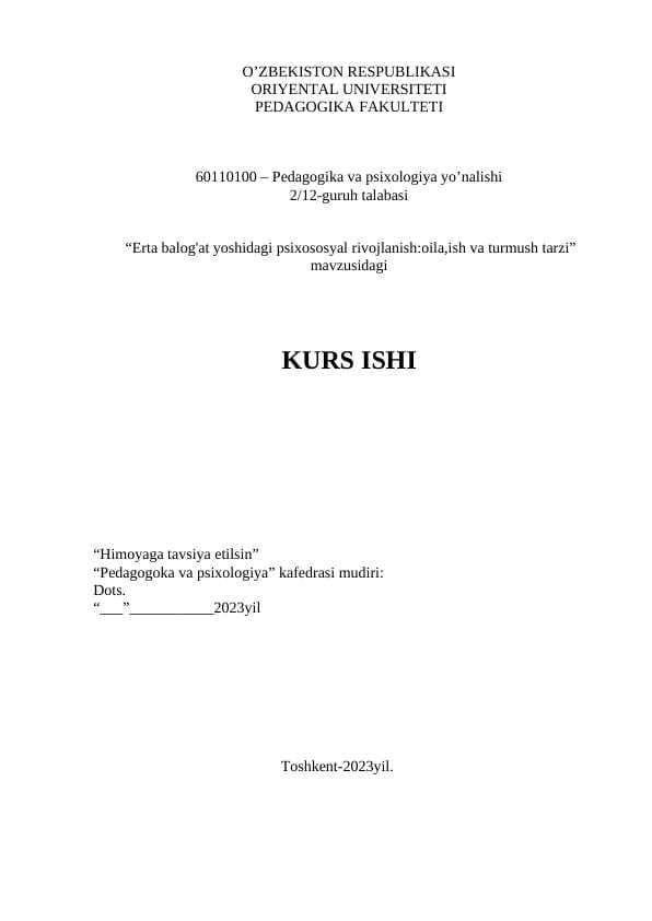 Erta balog'at yoshidagi psixososyal rivojlanish:oila,ish va turmush tarzi