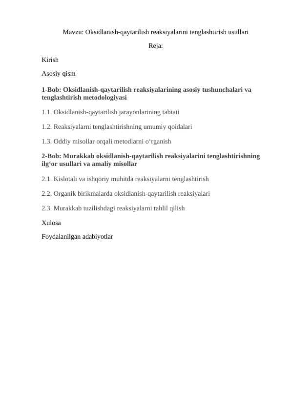 Oksidlanish-qaytarilish reaksiyalarini tenglashtirish usullari