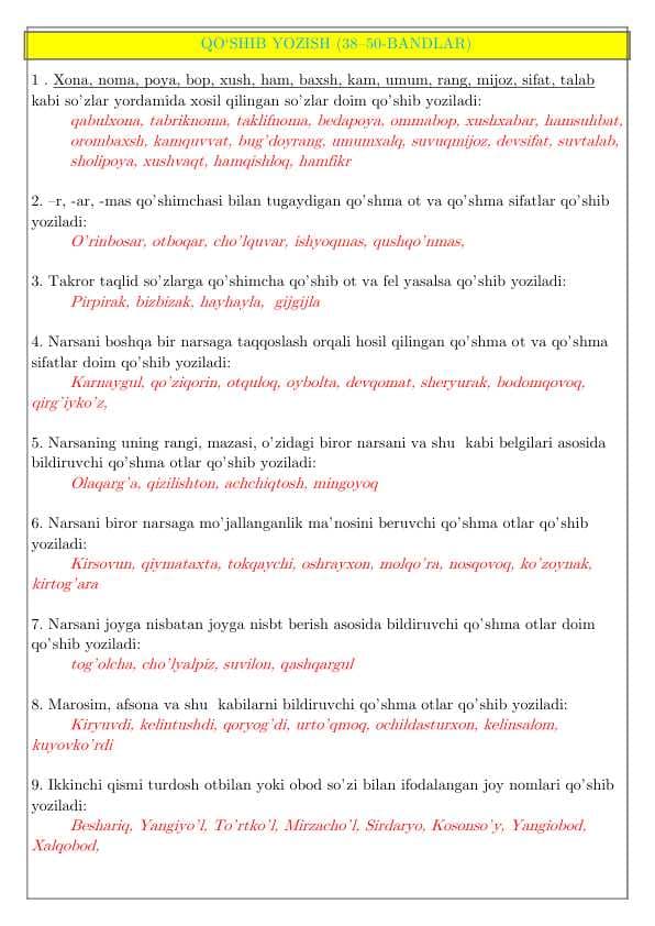 IMLO QOIDALARI. QO‘SHIB YOZISH. CHIZIQCHA BILAN YOZISH. AJRATIB YOZISH. BOSH HARFLAR IMLOSI.