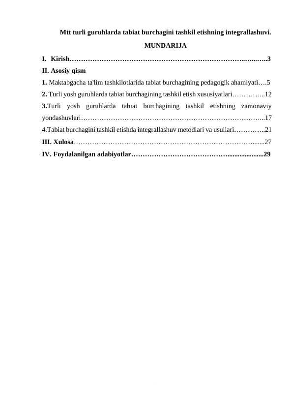 Mtt turli guruhlarda tabiat burchagini tashkil etishning integrallashuvi.
