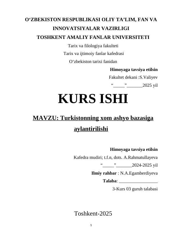 Turkistonning xom ashyo bazasiga aylantirilishi kurs ishi.docx