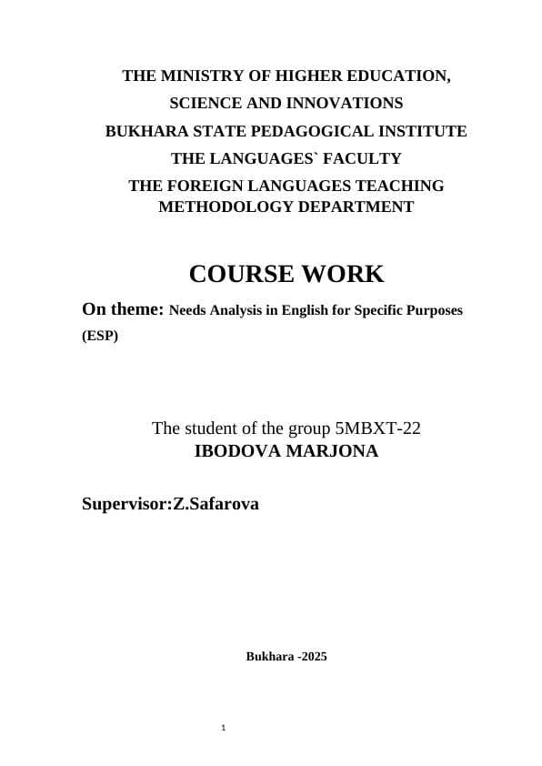 Needs Analysis in English for Specific Purposes (ESP)