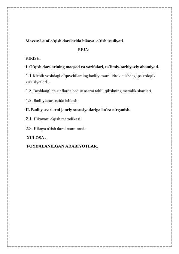 2-sinf o`qish darslarida hikoya  o`tish usuliyoti.