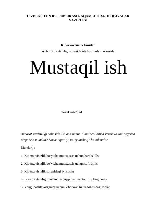 Axborot xavfsizligi sohasida ish boshlash mavzusida