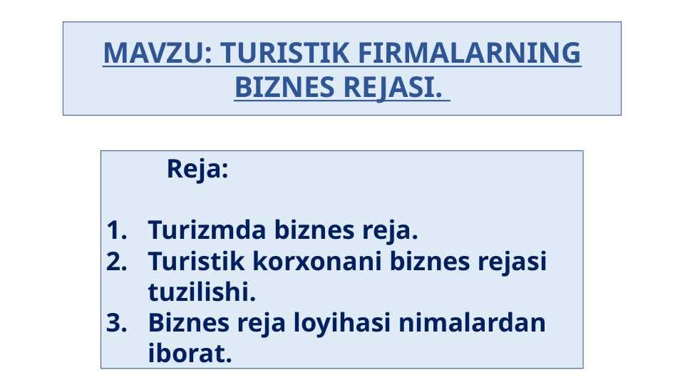 MAVZU: TURISTIK FIRMALARNING BIZNES REJASI.