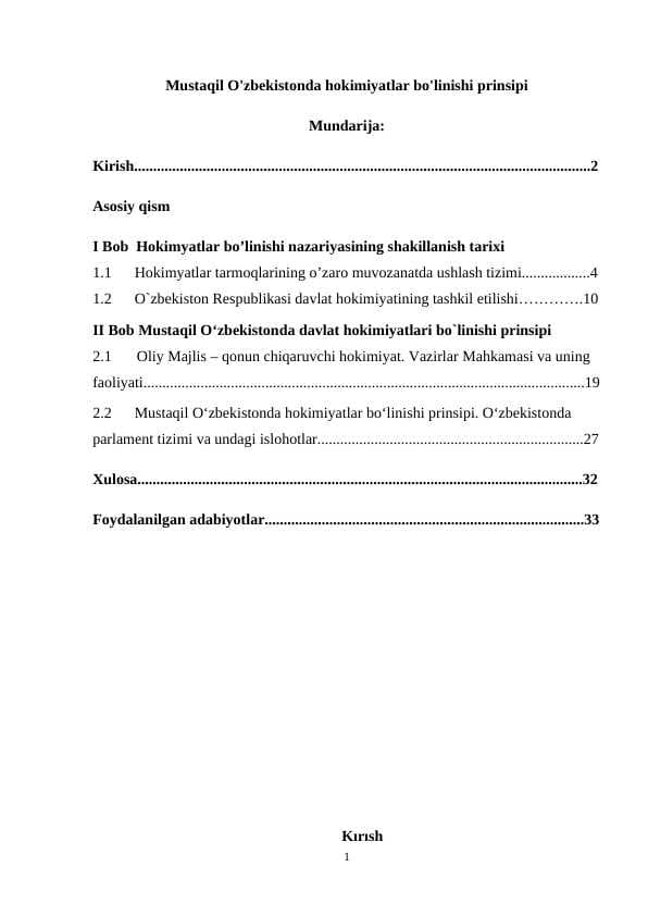 Mustaqil O'zbekistonda hokimiyatlar bo'linishi prinsipi