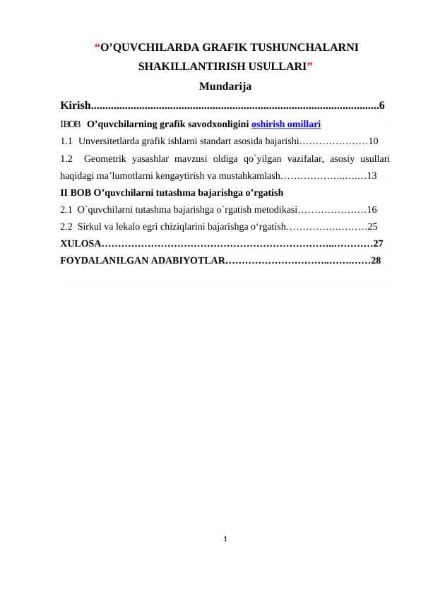 O’QUVCHILARDA GRAFIK TUSHUNCHALARNI SHAKILLANTIRISH USULLARI