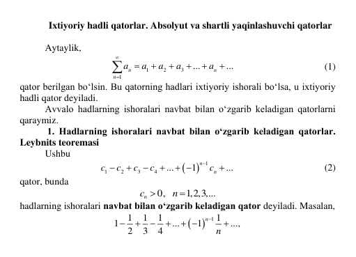 Ixtiyoriy hadli qatorlar. Absolyut va shartli yaqinlashuvchi qatorlar