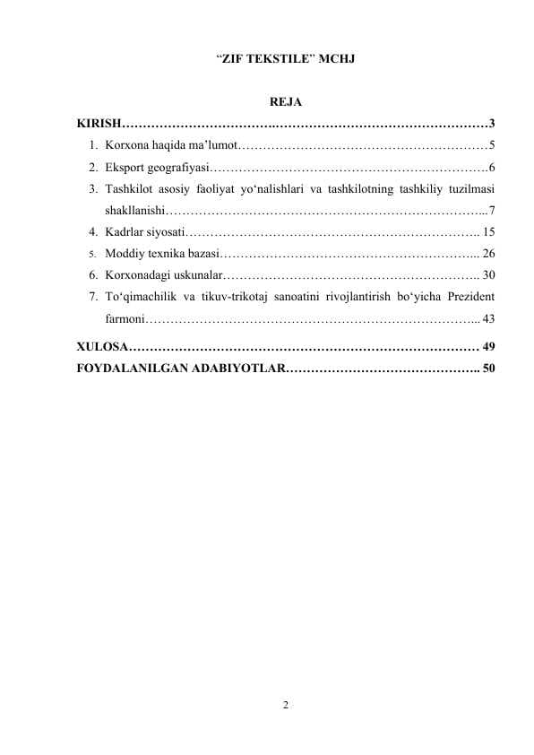 Amaliyot hisoboti “ZIF TEXTILE” MCHJ