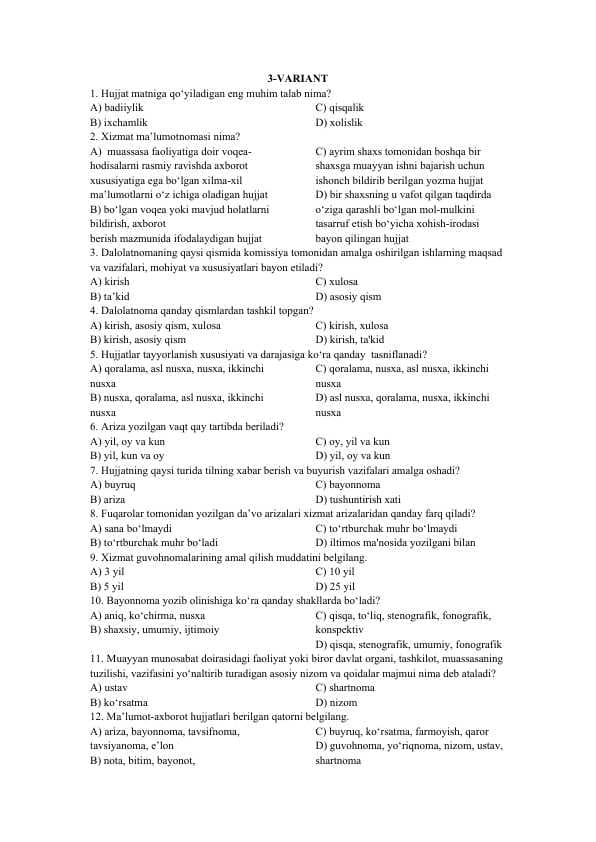 Davlat tilida ish yuritishdan variantli test 3-variant
