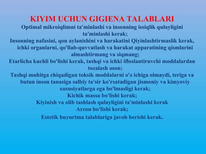 KIYIM UCHUN GIGIENA TALABLARI