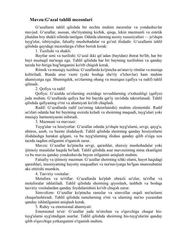 G'azal tahlili mezonlari