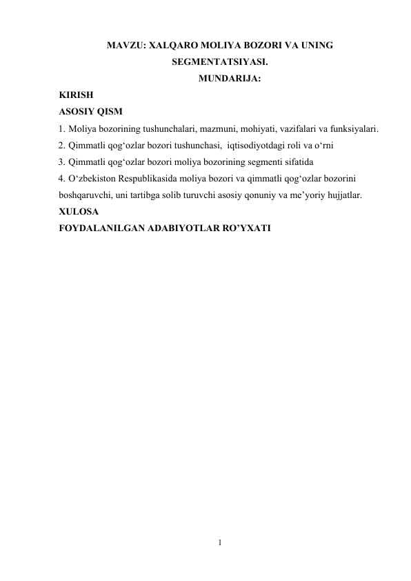XALQARO MOLIYA BOZORI VA UNING SEGMENTATSIYASI