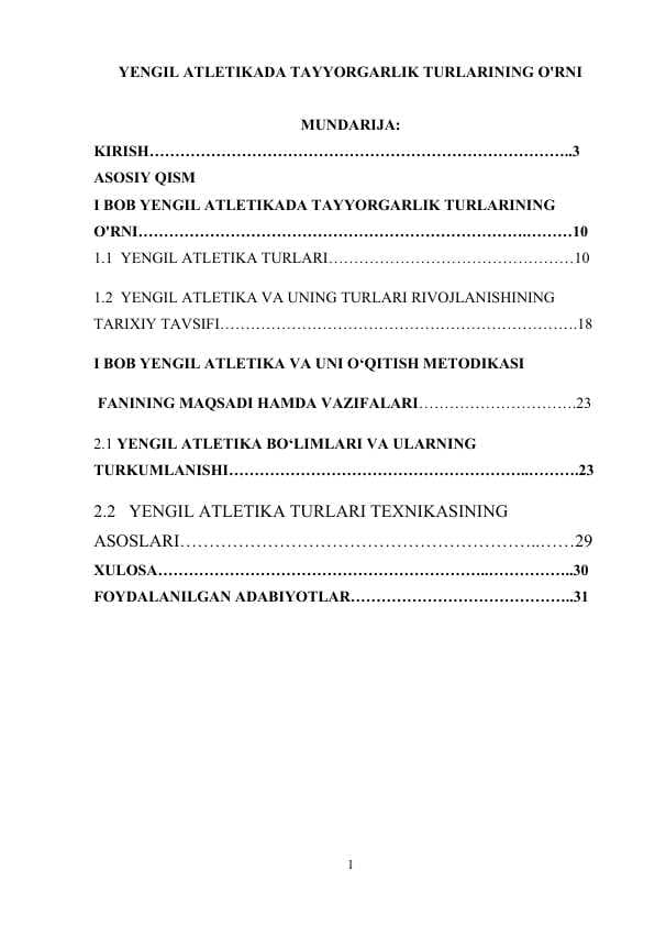 YENGIL ATLETIKADA TAYYORGARLIK TURLARINING O'RNI