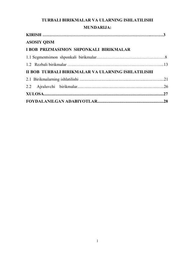 TURBALI BIRIKMALAR VA ULARNING ISHLATILISHI