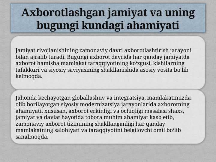 Axborotlashgan jamiyat va uning bugungi kundagi ahamiyati