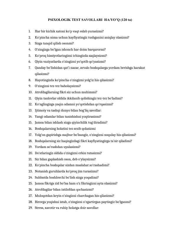 PSIXOLOGIK TEST SAVOLLARI  HA/YO’Q (120 ta)