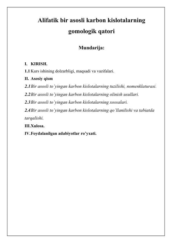 Alifatik bir asosli karbon kislotalarning gomologik qatori