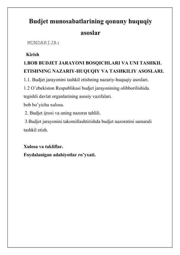 Budjet munosabatlarining qonuny huquqiy asoslar