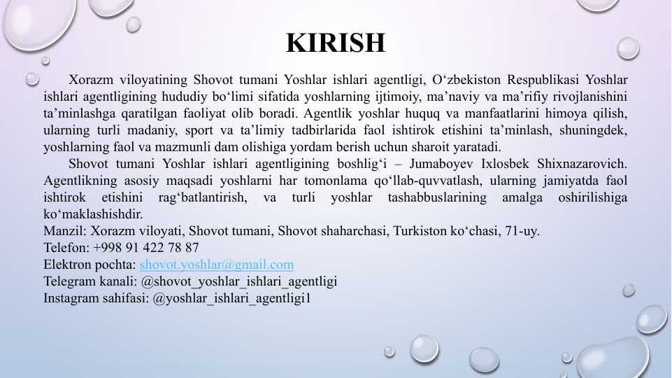Yoshlar ishlari agentligi malakaviy amaliyot hisoboti