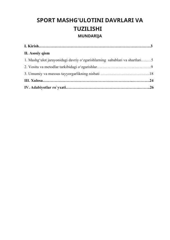 SPORT MASHG'ULOTINI DAVRLARI VA TUZILISHI