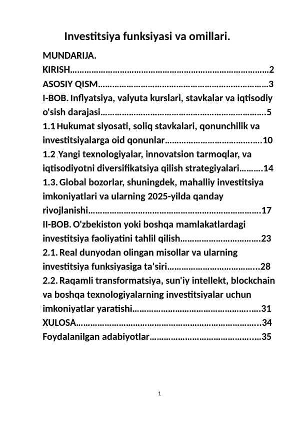 Investitsiya funksiyasi va omillari.