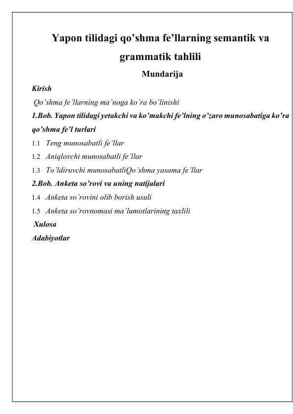 Yapon tilidagi qo’shma fe’llarning semantik va