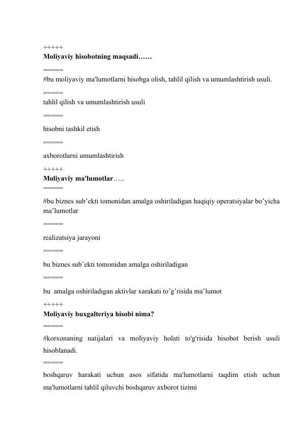 Moliyaviy hisob Test javoblari bilan