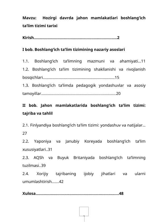 Hozirgi davrda jahon mamlakatlari boshlang’ich ta’lim tizimi tarixi