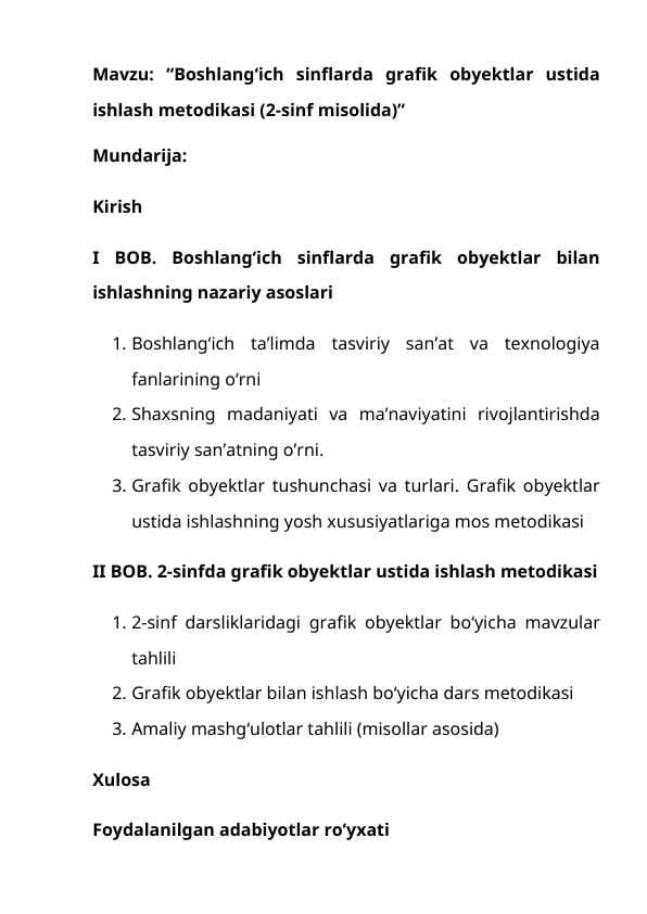 “Boshlang‘ich sinflarda grafik obyektlar ustida ishlash metodikasi (2-sinf misolida)”