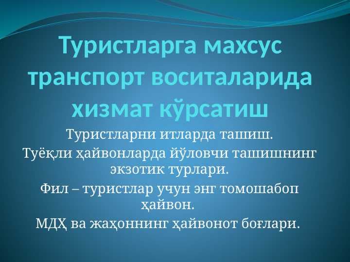 Туристларга махсус транспорт воситаларида хизмат кўрсатиш