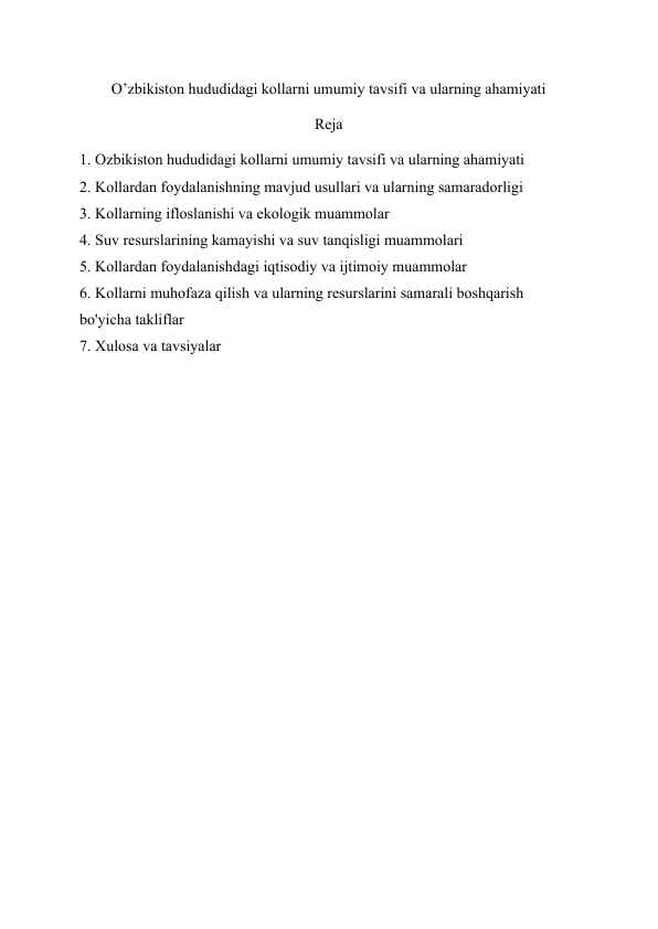 O’zbikiston hududidagi kollarni umumiy tavsifi va ularning ahamiyati