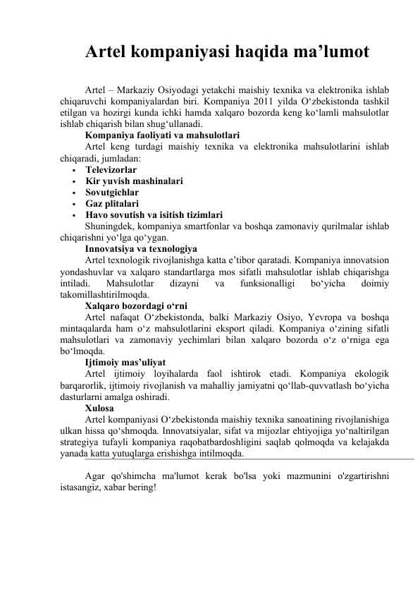 Artel kompaniyasi haqida ma’lumot