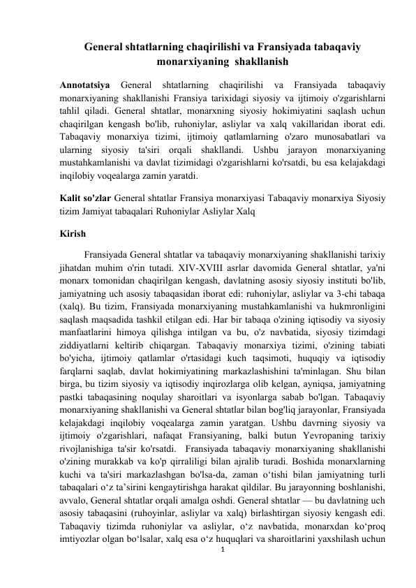 General shtatlarning chaqirilishi va Fransiyada tabaqaviy monarxiyaning  shakllanish MAQOLA.docx