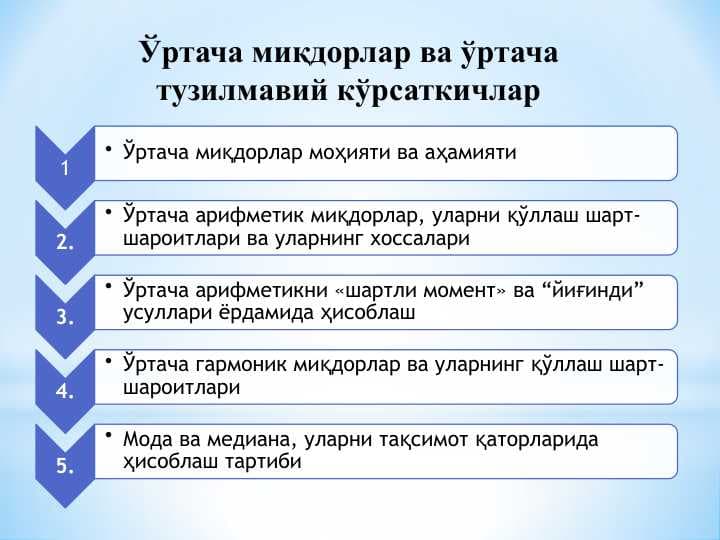 Ўртача миқдорлар ва ўртача тузилмавий кўрсаткичлар