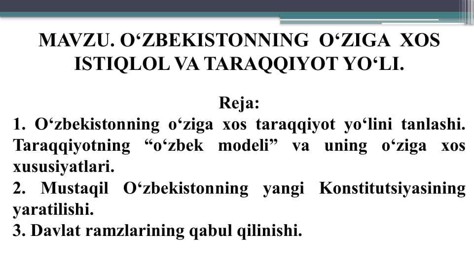 O‘ZBEKISTONNING  O‘ZIGA  XOS ISTIQLOL VA TARAQQIYOT YO‘LI
