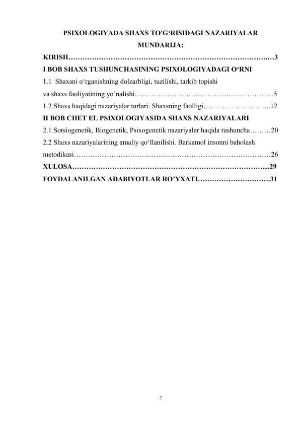 PSIXOLOGIYADA SHAXS TO'GʻRISIDAGI NAZARIYALAR