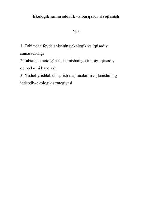Ekologik samaradorlik va barqaror rivojlanish