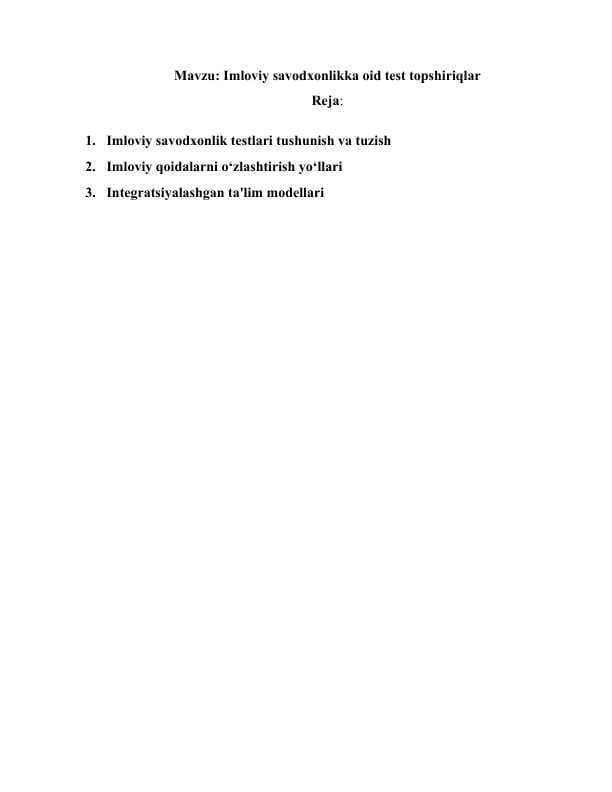 Imloviy savodxonlikka oid test topshiriqlarini tuzish va bajarish