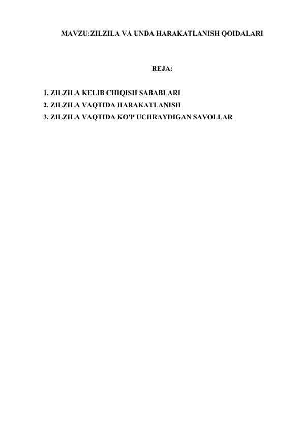 ZILZILA VA UNDA HARAKATLANISH QOIDALARI