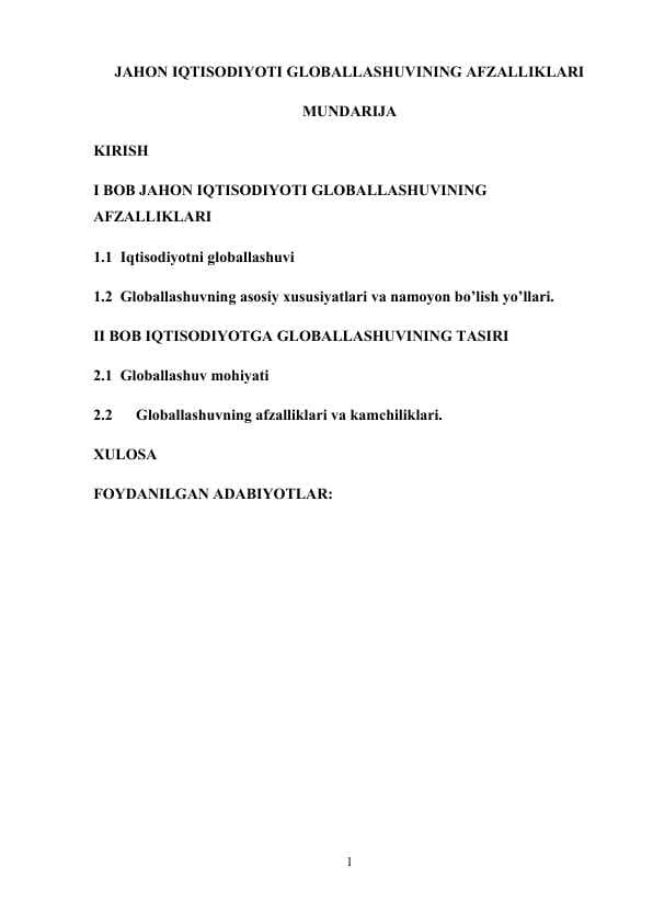 Jahon iqtisodiyotining globallashuvi afzalliklari