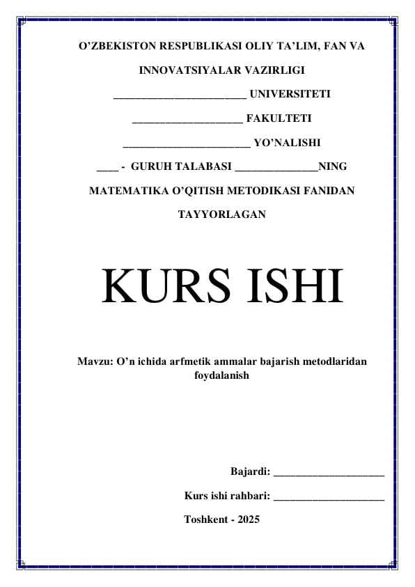 O'n ichida arfmetik amallar bajarish metodlaridan foydalanish