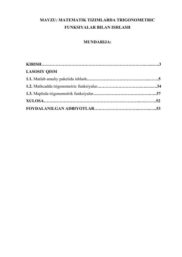 MATEMATIK TIZIMLARDA TRIGONOMETRIC FUNKSIYALAR BILAN ISHLASH (KURS ISHI)