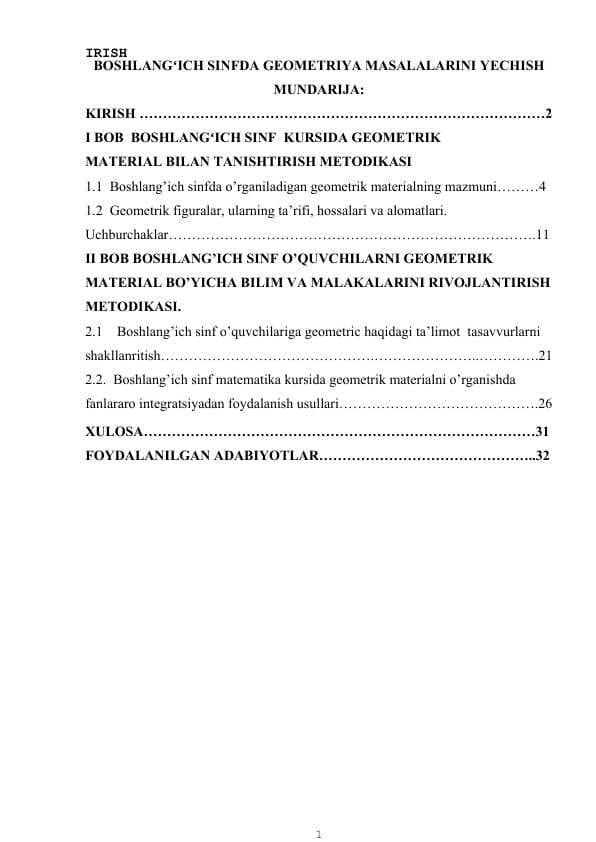 BOSHLANGʻICH SINFDA GEOMETRIYA MASALALARINI YECHISH