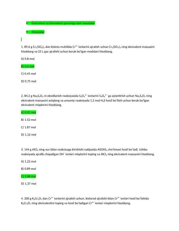 Ekvivalent va Ekvivalent qonuniga doir masalalar