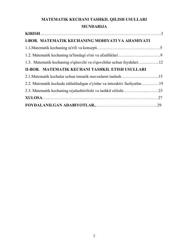 MATEMATIK KECHANI TASHKIL QILISH USULLARI